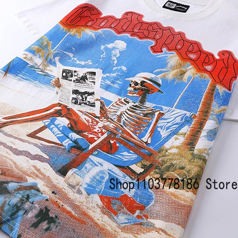 Classic White GOD SPEED T Shirts Letter Logo Seaside Holiday Scenery Print Godspeed Short Sleeve Unisex Tees Tops