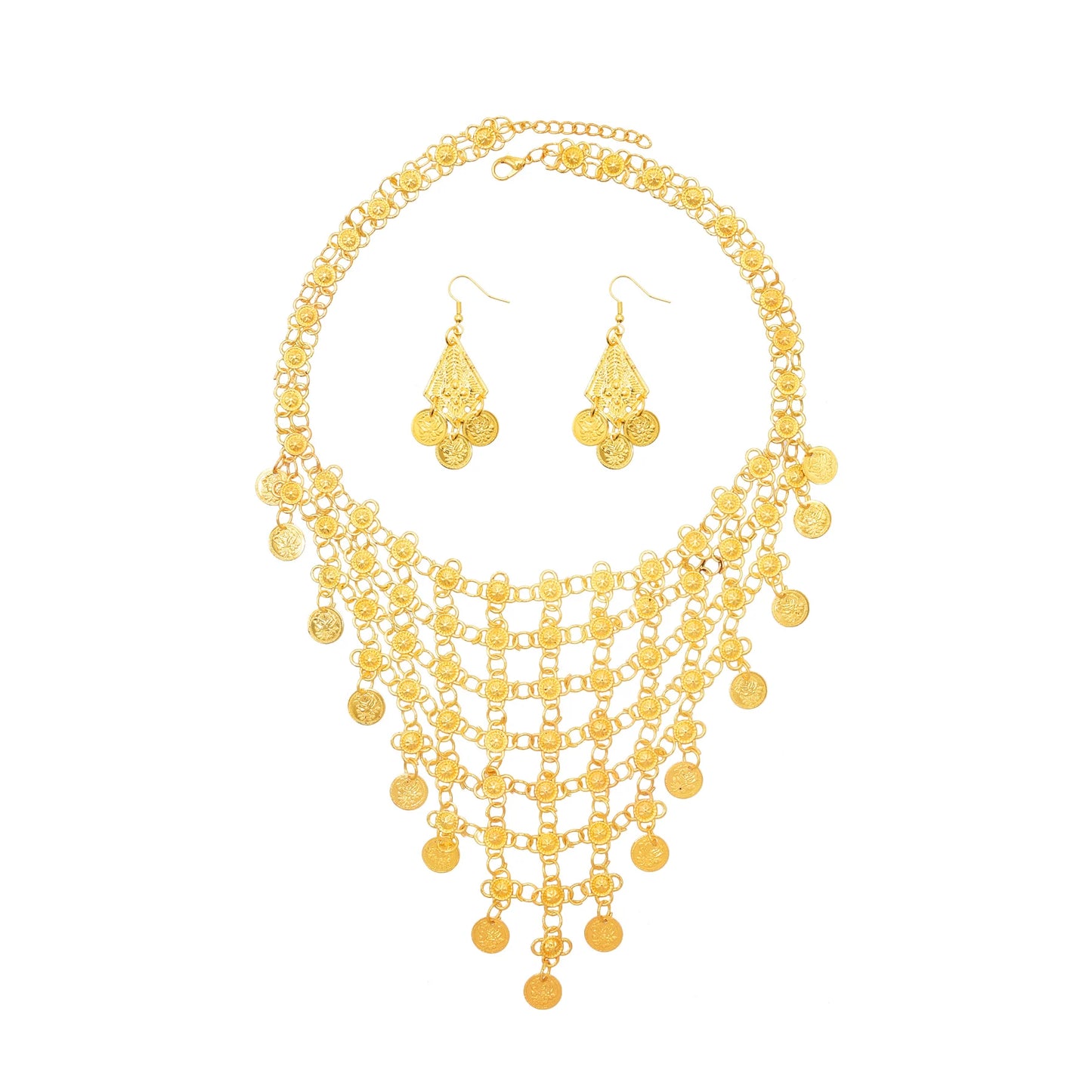 Afghan Gold Color Metal Coin Necklaces Earrings Sets for Women Boho Turkish Choker Coins Female Jewelry Bohemian Accessory