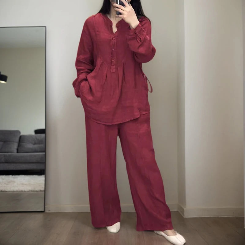 Women Fashion Folds Cotton Linen Half Breasted Long-sleeved Shirt Top And Wide Legs Pants Two Piece Set