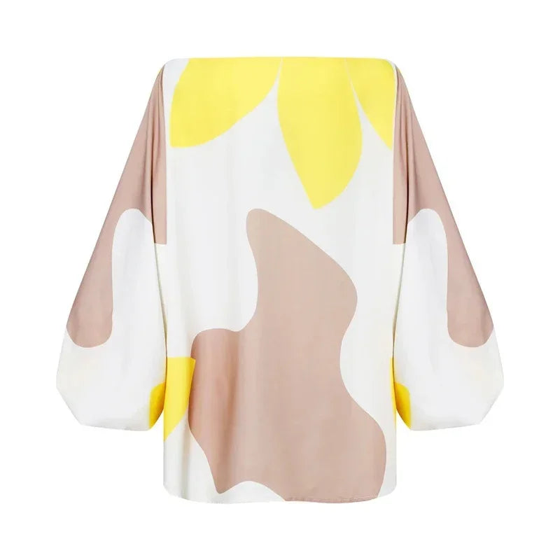 Spring Printing Dress Suits for Women Fashion Sexy One Shoulder Lantern Sleeve Top and Tassels Skirts Female Two Piece Sets