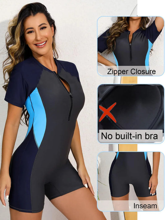 One Piece Swimsuit Women Short Sleeve Surfing Suit Beach Sporty Swimwear(No built-in bra)