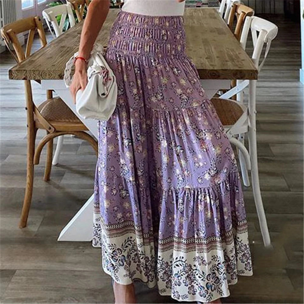 Boho Casual Print Maxi Skirt Women Summer Fashion Sexy High Waist Skirts Womens 2024 Pink Beach Floral A-line Long Skirts Femme