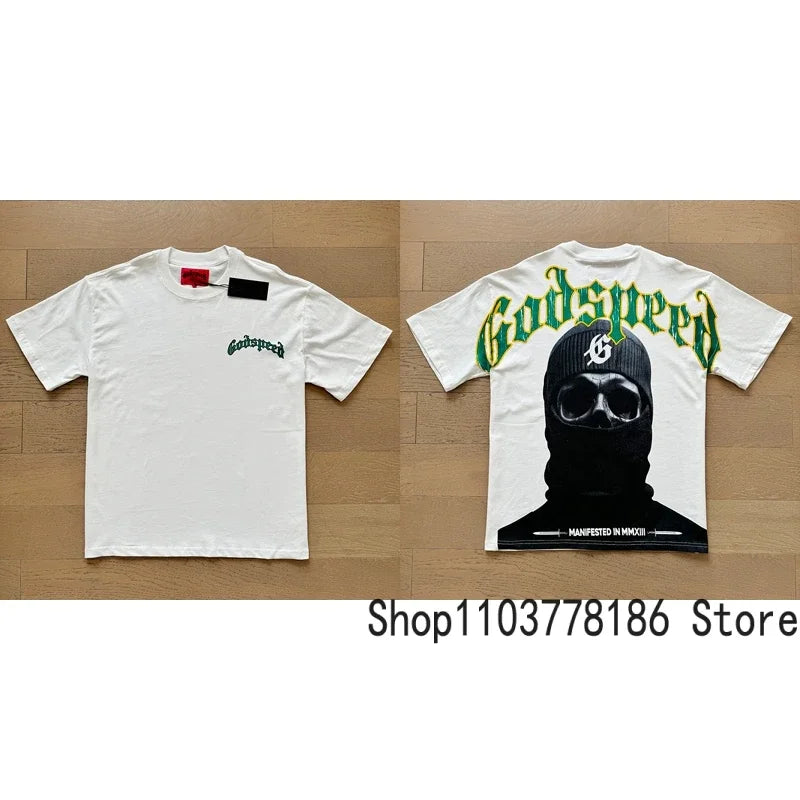 Classic White GOD SPEED T Shirts Letter Logo Seaside Holiday Scenery Print Godspeed Short Sleeve Unisex Tees Tops