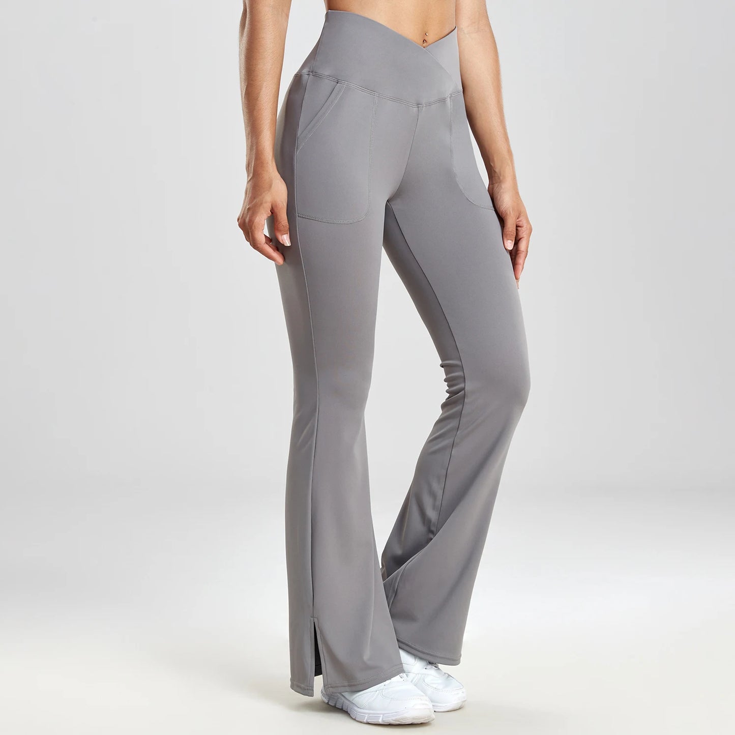 V-shaped Split Flared Pants Women Pockets Leggings Solid Color High Waist Casual Simple Style Pants Daily Office Elastic Legging