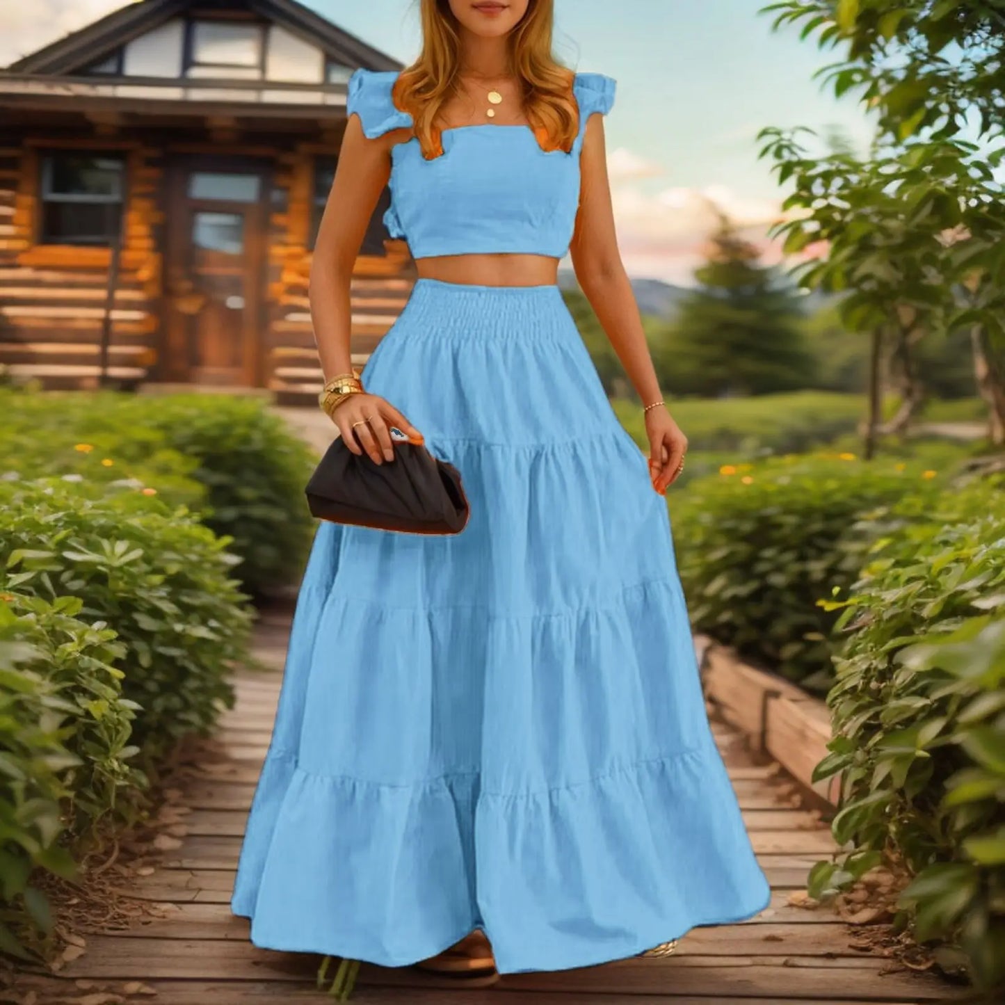 Y2k Two Piece Set Woman Clothing Spring/Summer New Elegant Sexy Collage Sleeveless Top and Longuette Skirt Suits Female 2Pcs Set