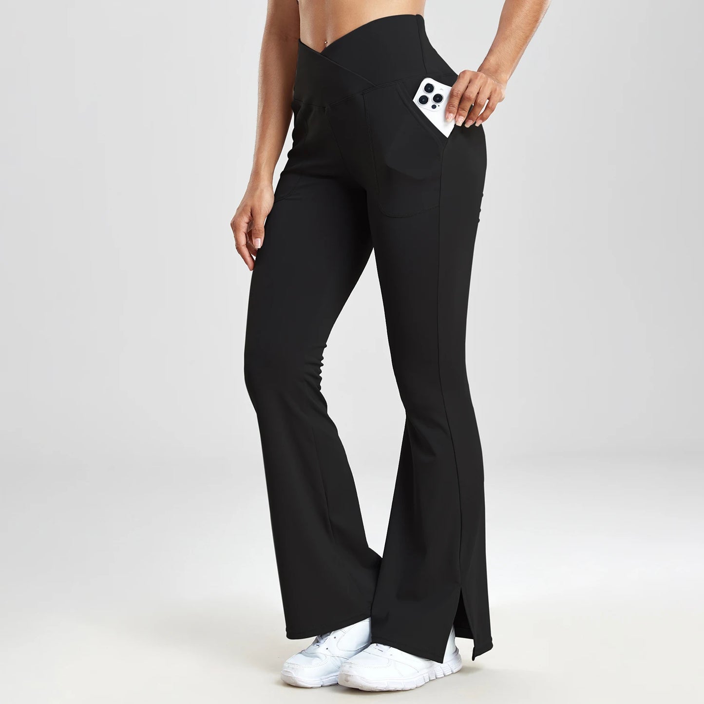 V-shaped Split Flared Pants Women Pockets Leggings Solid Color High Waist Casual Simple Style Pants Daily Office Elastic Legging