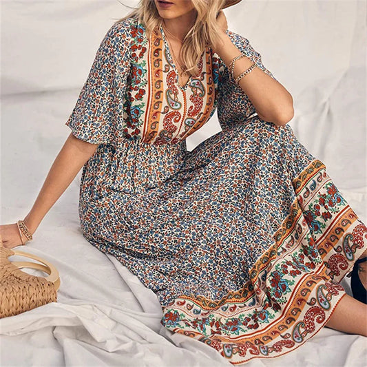 Boho Retro Printed Long Beach Dress Summer Women Flare Short Sleeve V Neck Summer A-Line Dress 2022 Party Elegant Dress