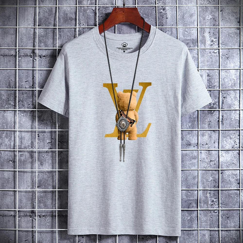 Summer Men's Luxury Casual T-Shirt Retro Y2k Designer Short Sleeve Tees Male Vintage Cotton Trendy High Quality Bear Print Tops