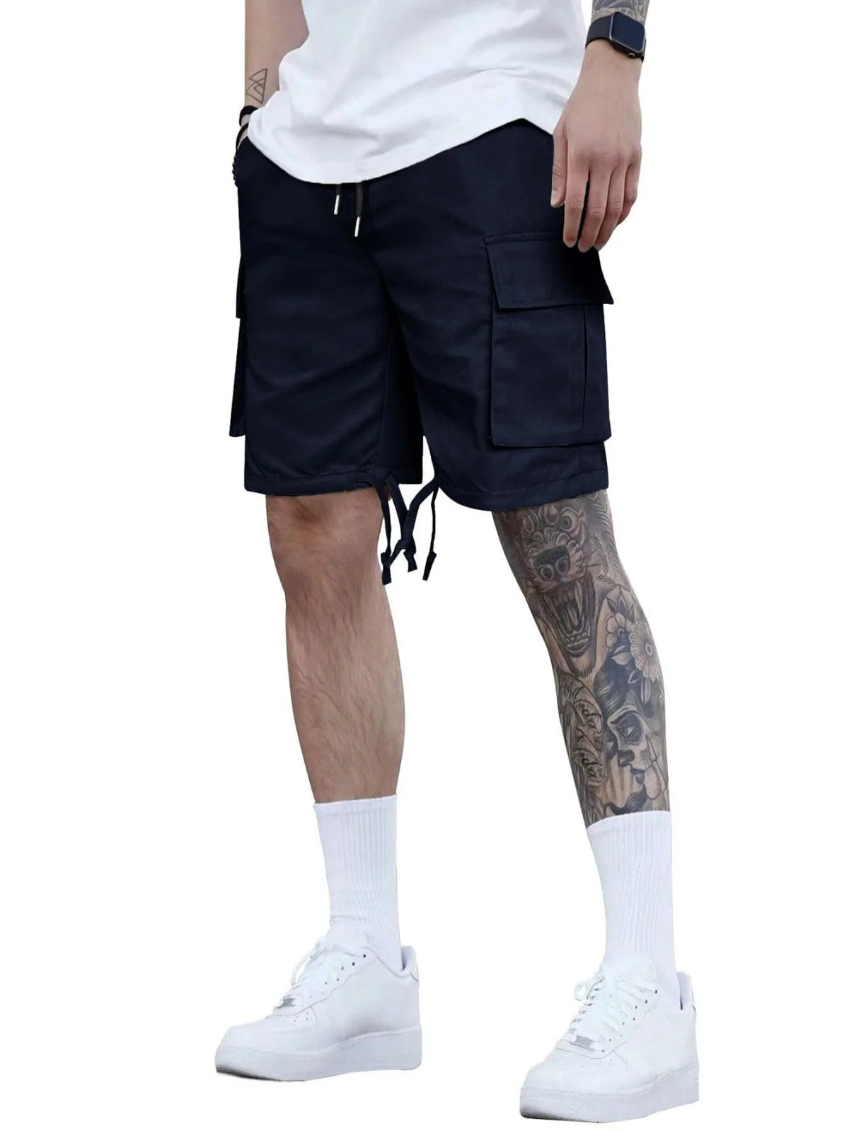 2025 Men's summer solid color casual elastic waist cargo shorts Loose multi-pocket fashion travel sports shorts