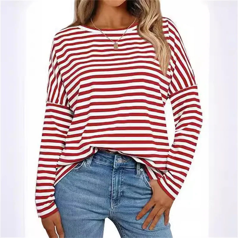 Spring Autumn Women's T-shirts Stripe Print Fashion Print Long Sleeves T shirt Casual Loose Streetwear Y2K Women Sweatshirt Tops