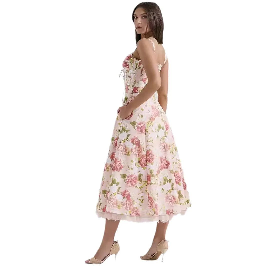 Dress Summer Fashion White Elegant Ladies Backless Clothes Puff Sleeve Floral Print Slit Long Dresses For Women New Arrival