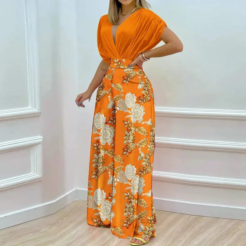 Summer New Printed Pants Sets Women Fashion Raglan Sleeves V-neck Cropped Top High Waist Wide Legs Trousers Two Piece Set Female