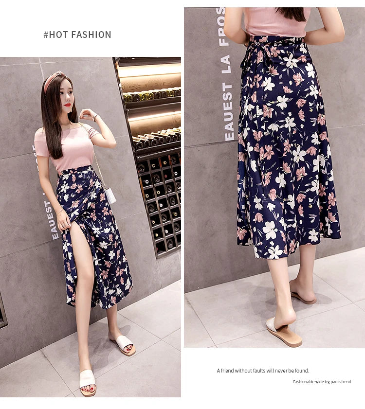 High Waist Long Skirt Wrap Dress Asymmetrical Hem Chiffon Floral Print Belted Midi Skirt for Short Women Summer Dress