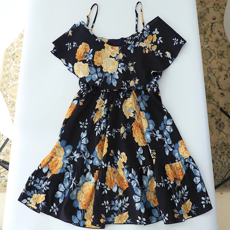 Printed Off Shoulder Beach Dress Women Ruffle Strap Vacation Summer Dress 2024 Woman Backless Floral Short Dresses Graduation