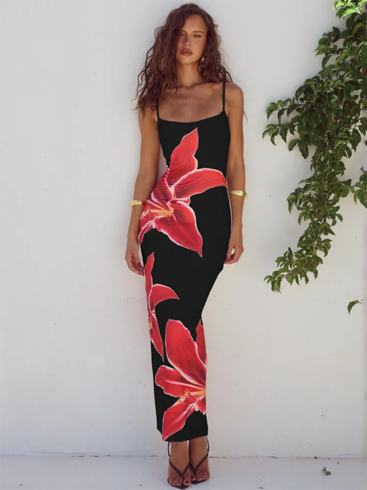 Women Floral Print Long Bodycon Strap Sleeveless Backless Midi Elegant Gown Summer Dress