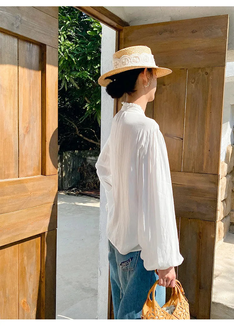 2025 Spring New Women's French White Shirt Splicing Lace Embroidery Design Ladies Shirt Long Sleeve Casual Holiday Beach Tops