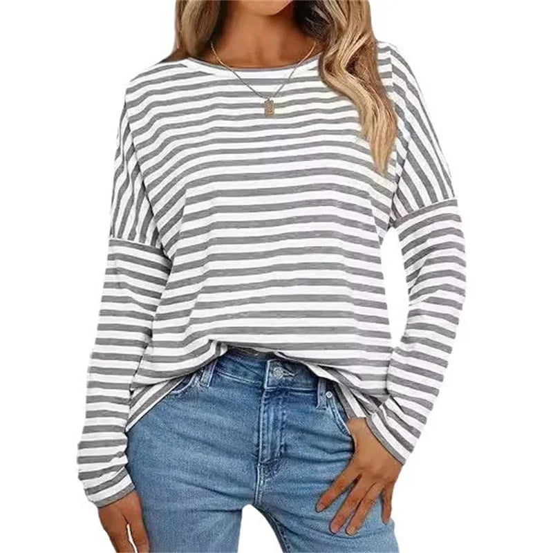 Spring Autumn Women's T-shirts Stripe Print Fashion Print Long Sleeves T shirt Casual Loose Streetwear Y2K Women Sweatshirt Tops
