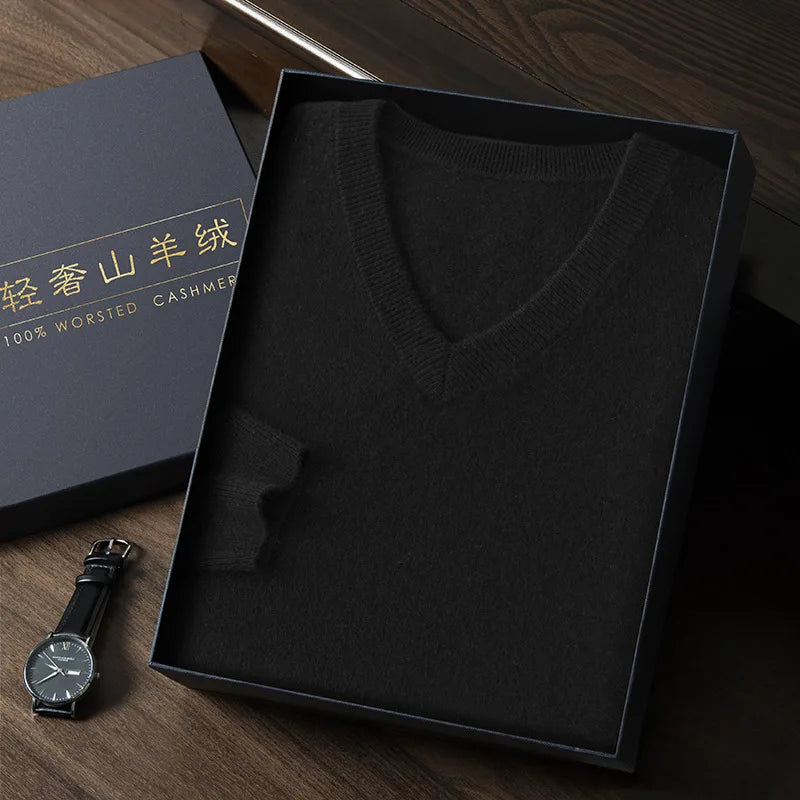 100% Cashmere Sweater 2023 Autumn Winter Classic V-neck Knitted Pullovers Men Business Casual Warm Jumper Jersey Pull Homme