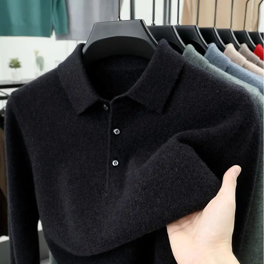 Smart Casual Autumn Winter Sweater Men Solid Lapel Button Simplicity Fashion Luxury Long Sleeve Pullovers Knitted Tops