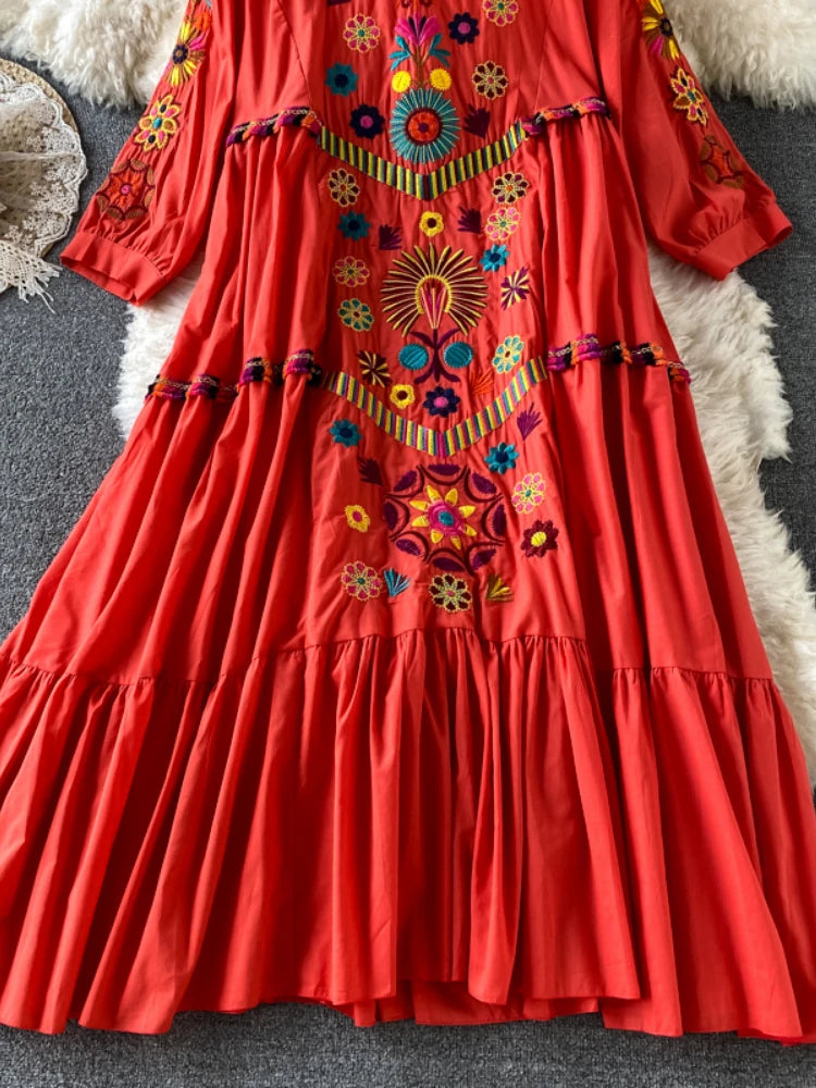 Vintage Chic Women Floral Embroidery Beach Bohemian Mini Dress Ladies Short Sleeve V-neck Cotton and Linen Boho Dresses Vestido