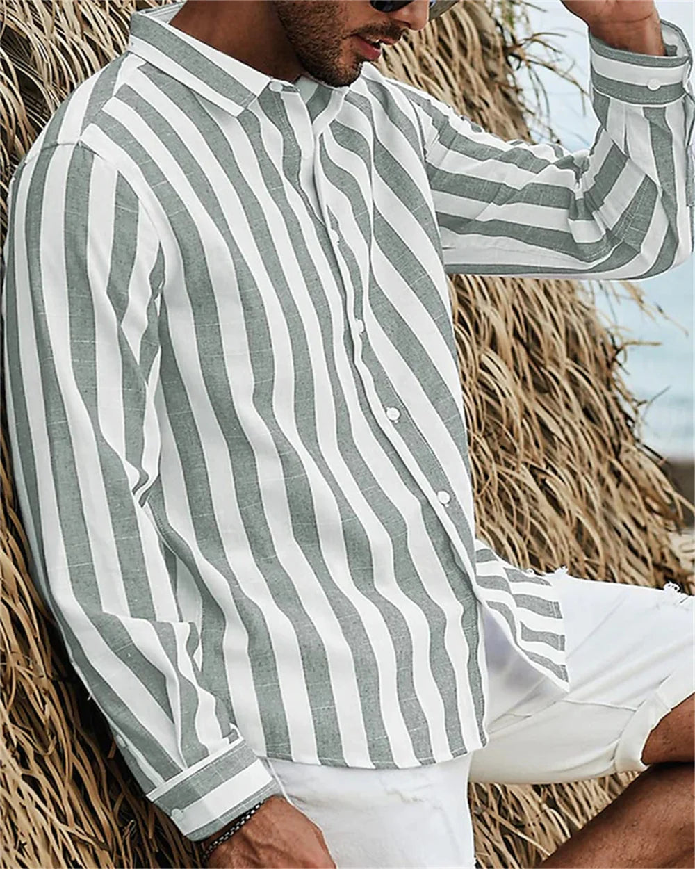 Men's Long sleeved Blue Stripe Printed Shirt Social Luxury Men's Wear Hawaii Elegant Classic Fashion Solid Color