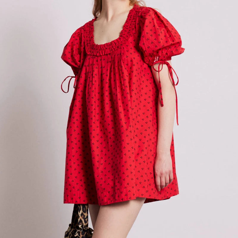 Vintage Floral Print Loose Fit A-line Dress Ruffle Trim Square Collar Puff Sleeve Nightgown Nightdress Y2K Cottage Fairy Dress