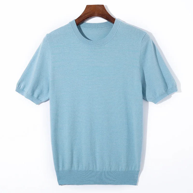 Summer Classic Short Sleeve Men Knitwear Silk Wool blend Sweater O-Neck Loose Cool Quality Business Pullover Basic Clothing Tops