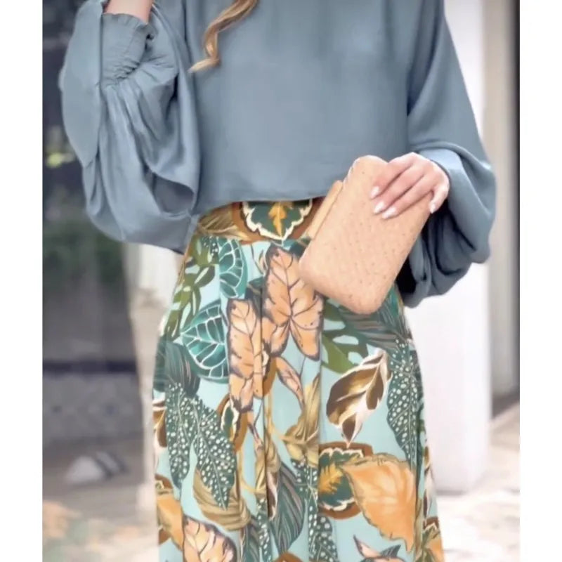 Women's Clothing Set Lantern Sleeves Loose Top Printed Wide Leg Pants Two Piece Set