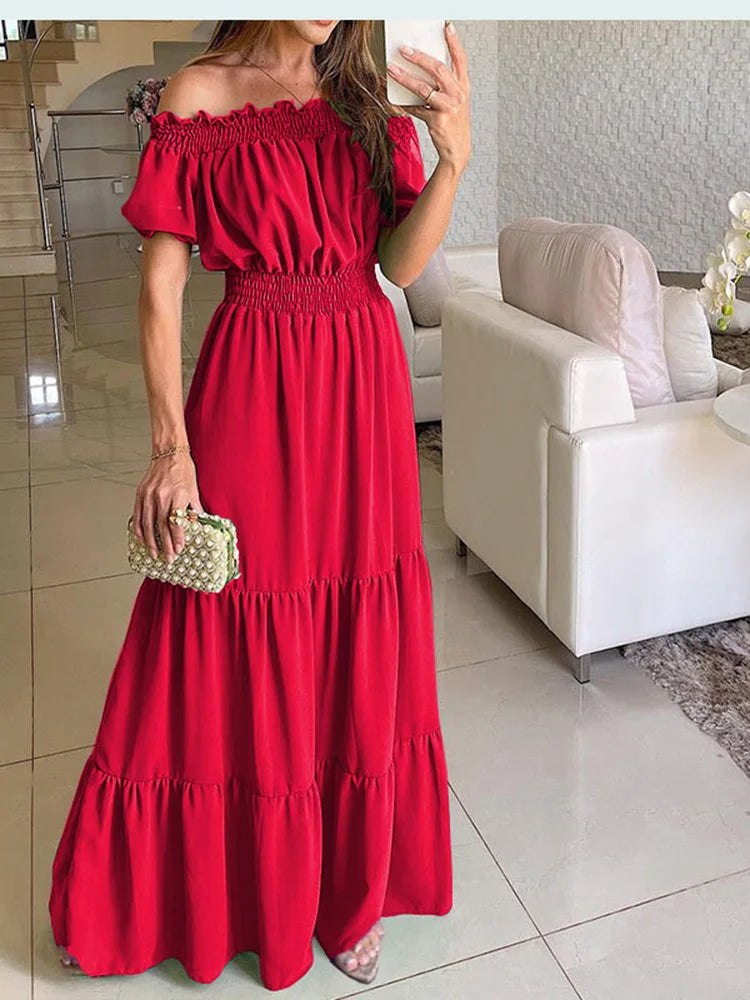 2024 Summer Solid Boho Dress Women Fashion Elegant Beach Party Dress Casual Slash Neck Office Maxi Dresses For Woman Robe Femme