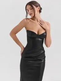 Solid Pu Leather Zipper Wrinkle Slim Bra Midi Dress Sleeveless Backless Split High Waist Dress 2025 New Lady Evening Party Robe for Women