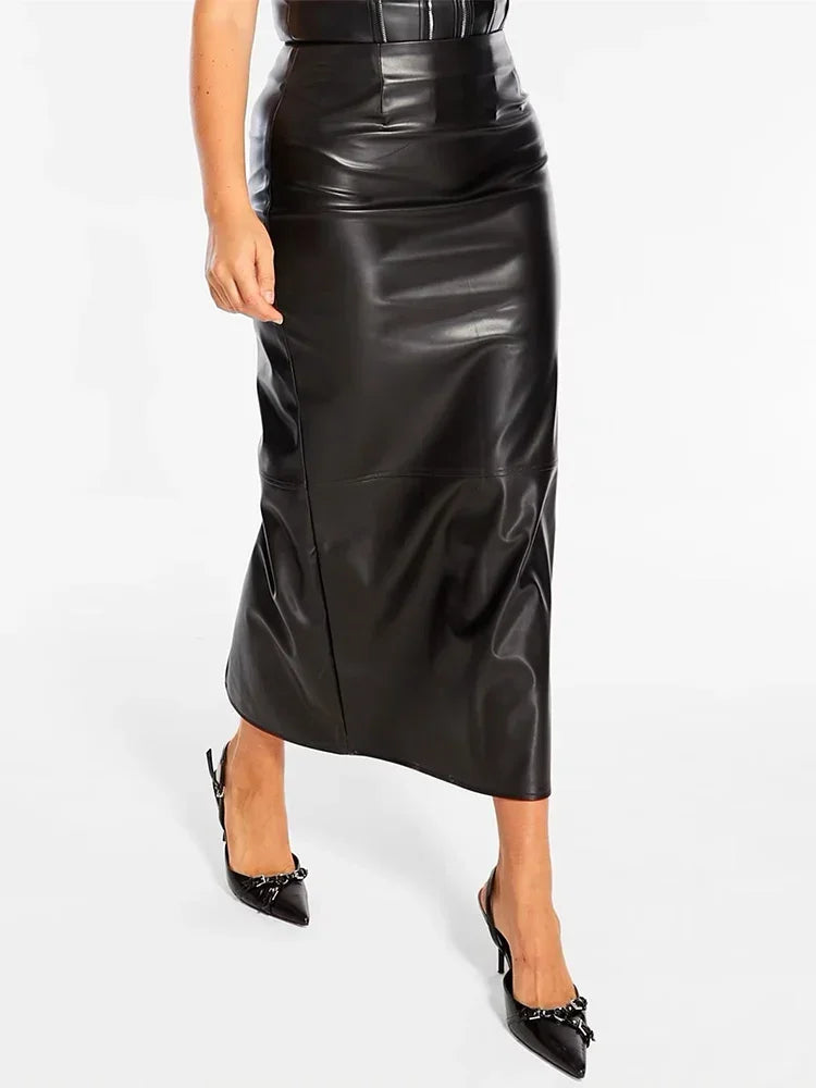 Women Plus Size Sexy Matte Leather High Waist Stretch Hem Split Midi Skirt 8XL 9XL Ladies V Neck Straight Skirts New Clubwear