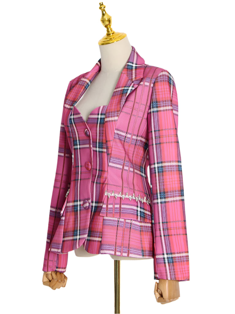 Women Slim Cut Out Back Lapel Long Sleeve Rose Plaid Blazers Coat