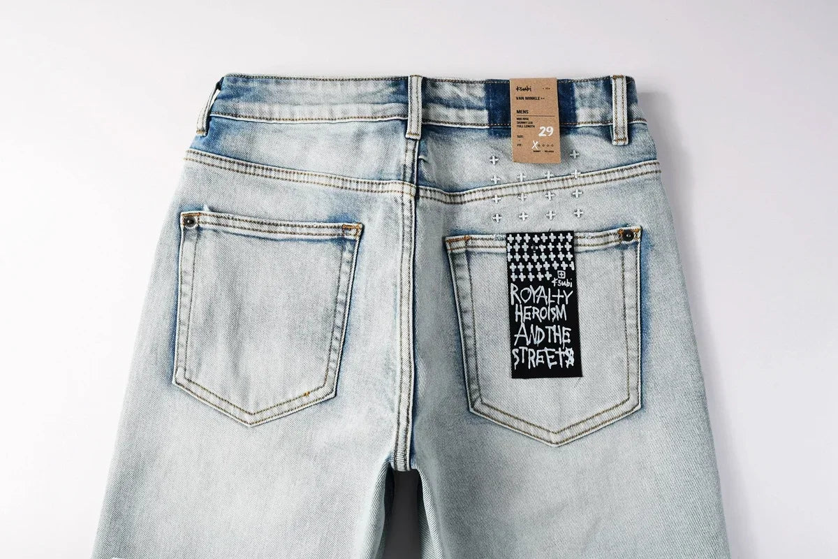 New Cross Denim shorts Men Fashion Trend Elastic Vintage wash Jeans American High Street Hip Hop Hole denim short