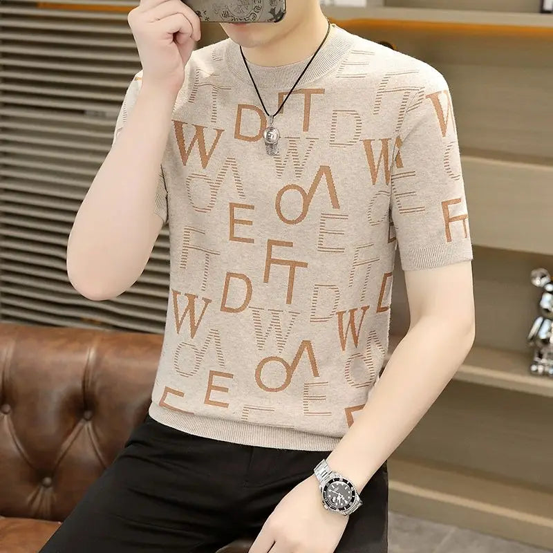 Trend Fashion Autumn Winter New Men O-Neck Letter Printing Korean Casual All-match Short Sleeve Slim Pullovers Knit T-shirt Tops