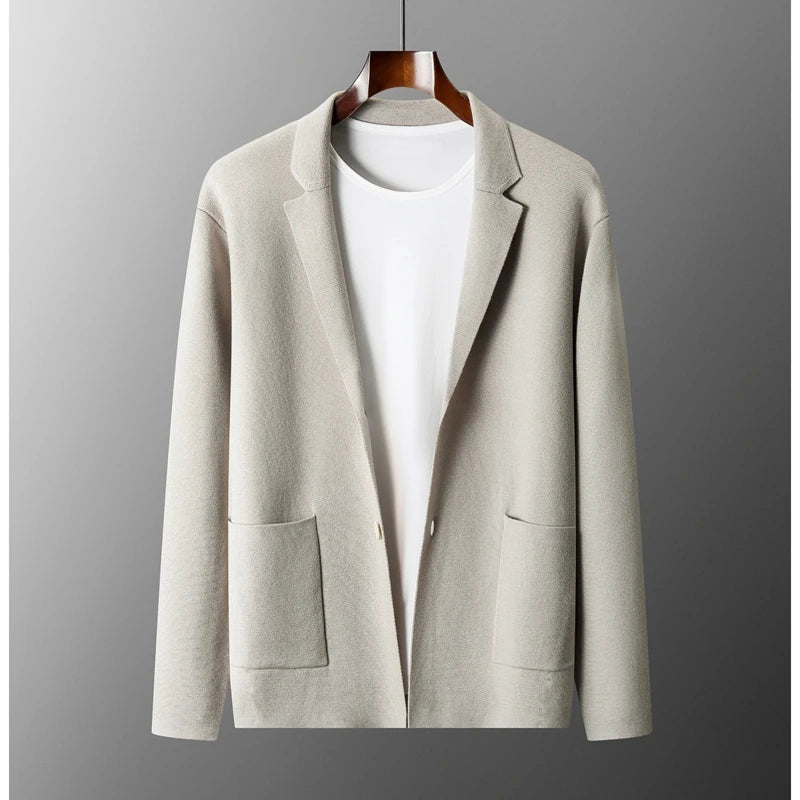 Autumn Winter New 100% Merino Wool Men's Suit Collar Knitted Cardigan Thickened Solid Color Suit Shirt Cashmere Sweater Jacket