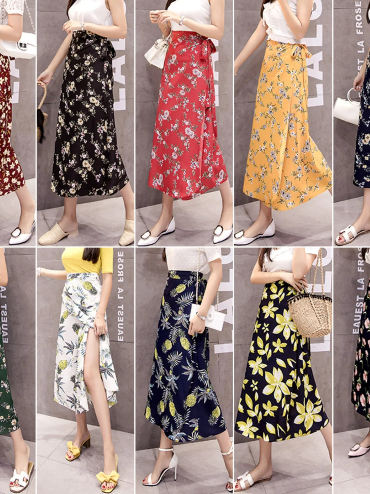 High Waist Long Skirt Wrap Dress Asymmetrical Hem Chiffon Floral Print Belted Midi Skirt for Short Women Summer Dress