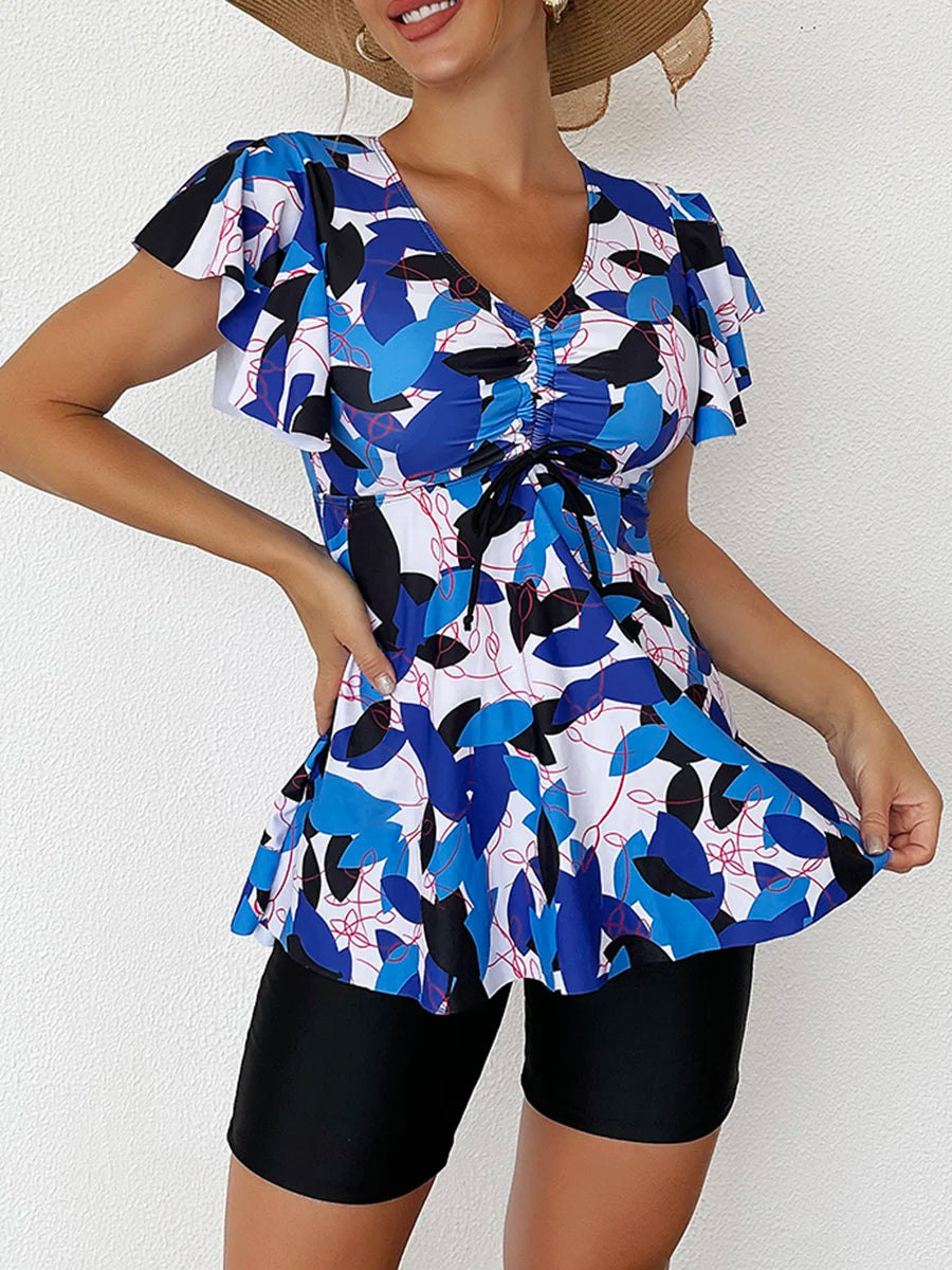 2025 Printed Tankini Set Two Piece Swimsuit Women Tie Front Drawstring Swimwear Female Bathing Swimming Suit Beachwear Summer