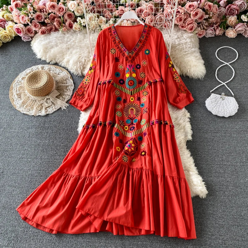 Vintage Chic Women Floral Embroidery Beach Bohemian Mini Dress Ladies Short Sleeve V-neck Cotton and Linen Boho Dresses Vestido