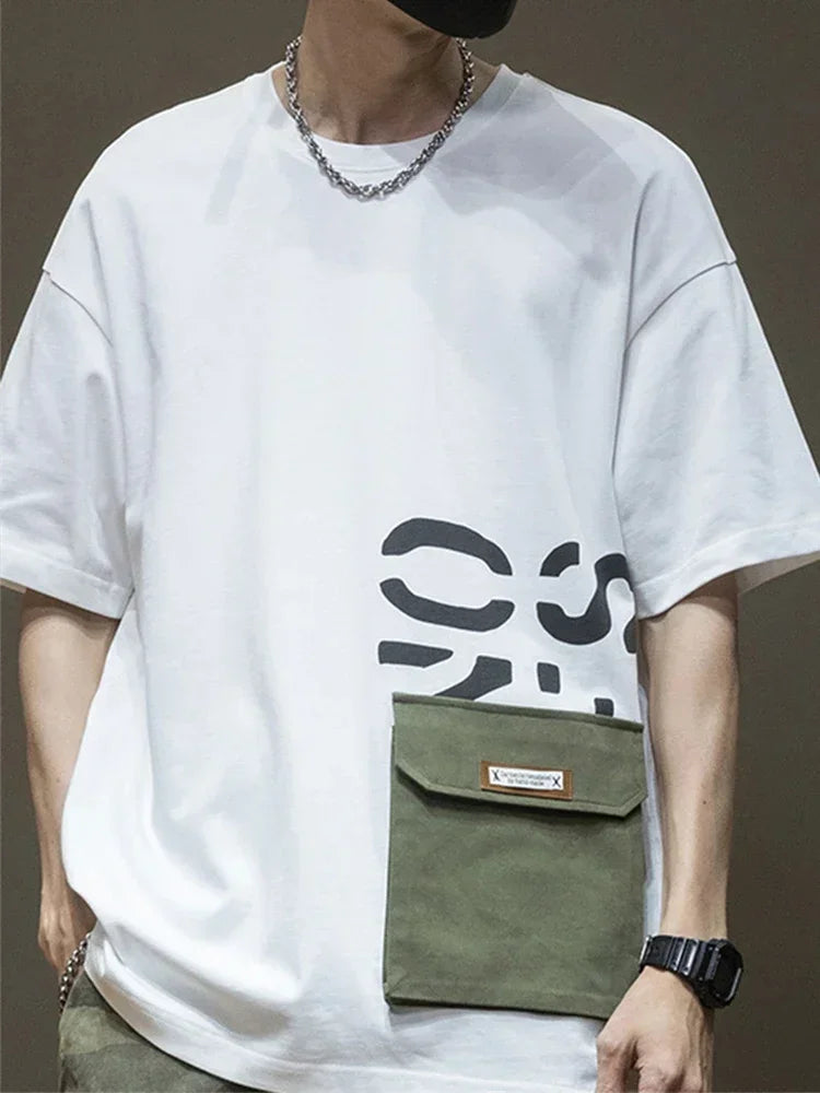 2025 New Letter Printed Short Sleeve Pocket T-shirt For Men Casual Cotton O-Neck Tshirt Y2K Streetwear Oversized Tee Shirts