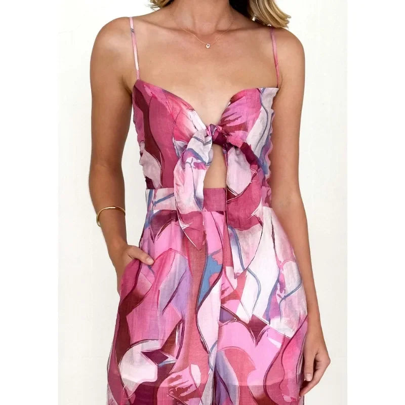 Women's Jumpsuit with Printed Suspender Straps, Bow Ties Flared Pants
