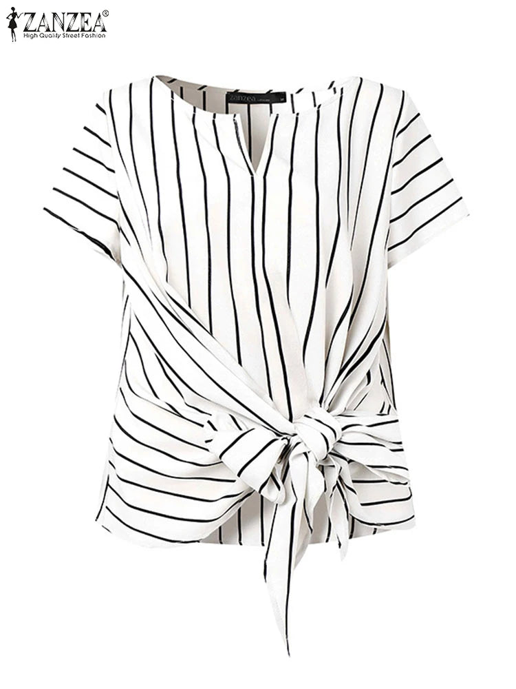 ZANZEA Women Fashion Tie-Front Striped Blouses 2025 Summer Stylish V-Neck Short Sleeve Tops Elegant Casual Commute Blusas Mujer