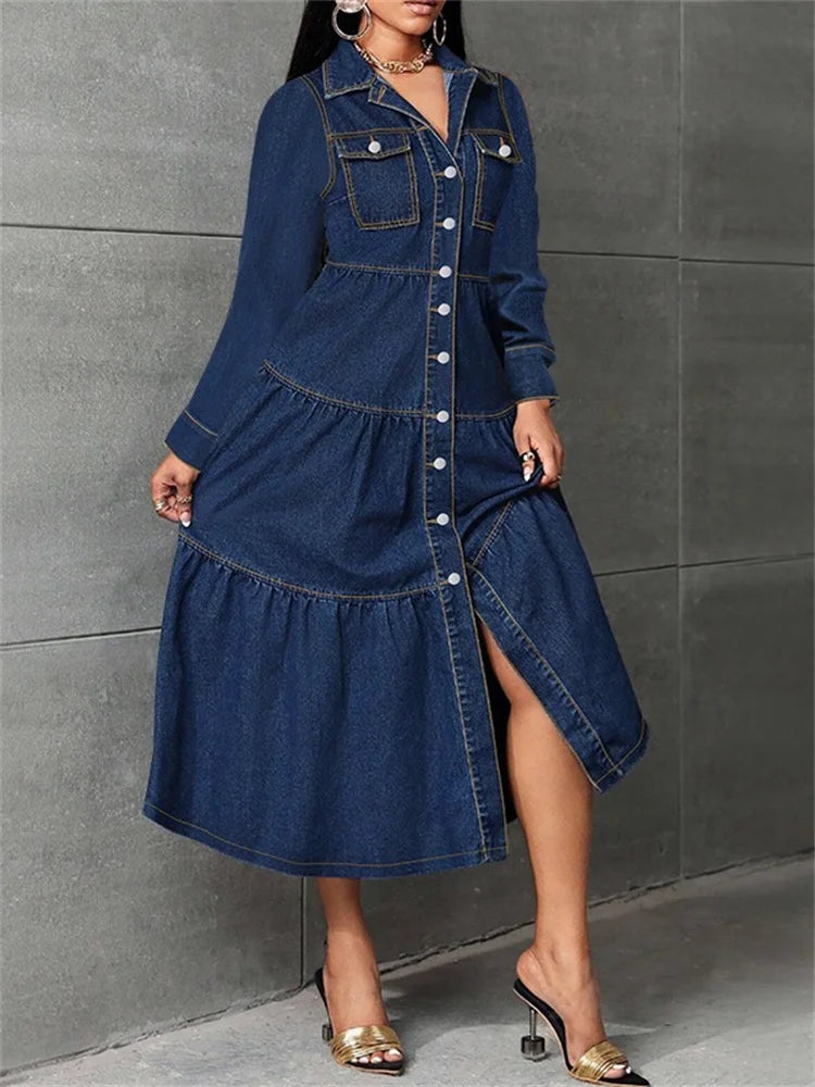 Wmstar Denim Dress Women Casual Button Cardigan Long Sleeve Dresses Fashion Streetwear New Spring Clothes Wholesale Dropshipping