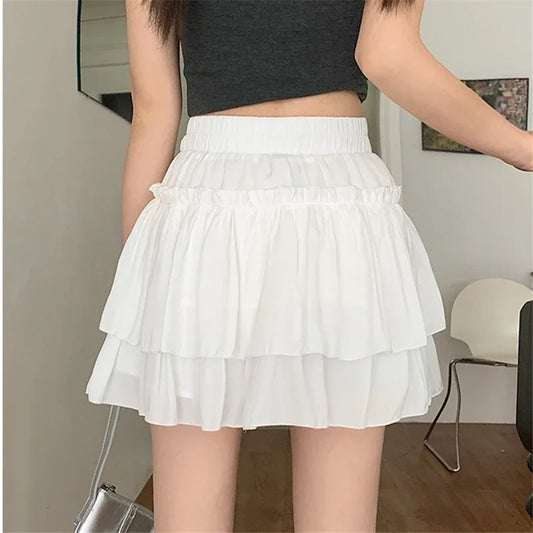 Summer Kawaii White Ruflles Skirt Women Fashion Slim Fit Mini Skirts Giris Y2k All Match Elastic High Waist Black Faldas