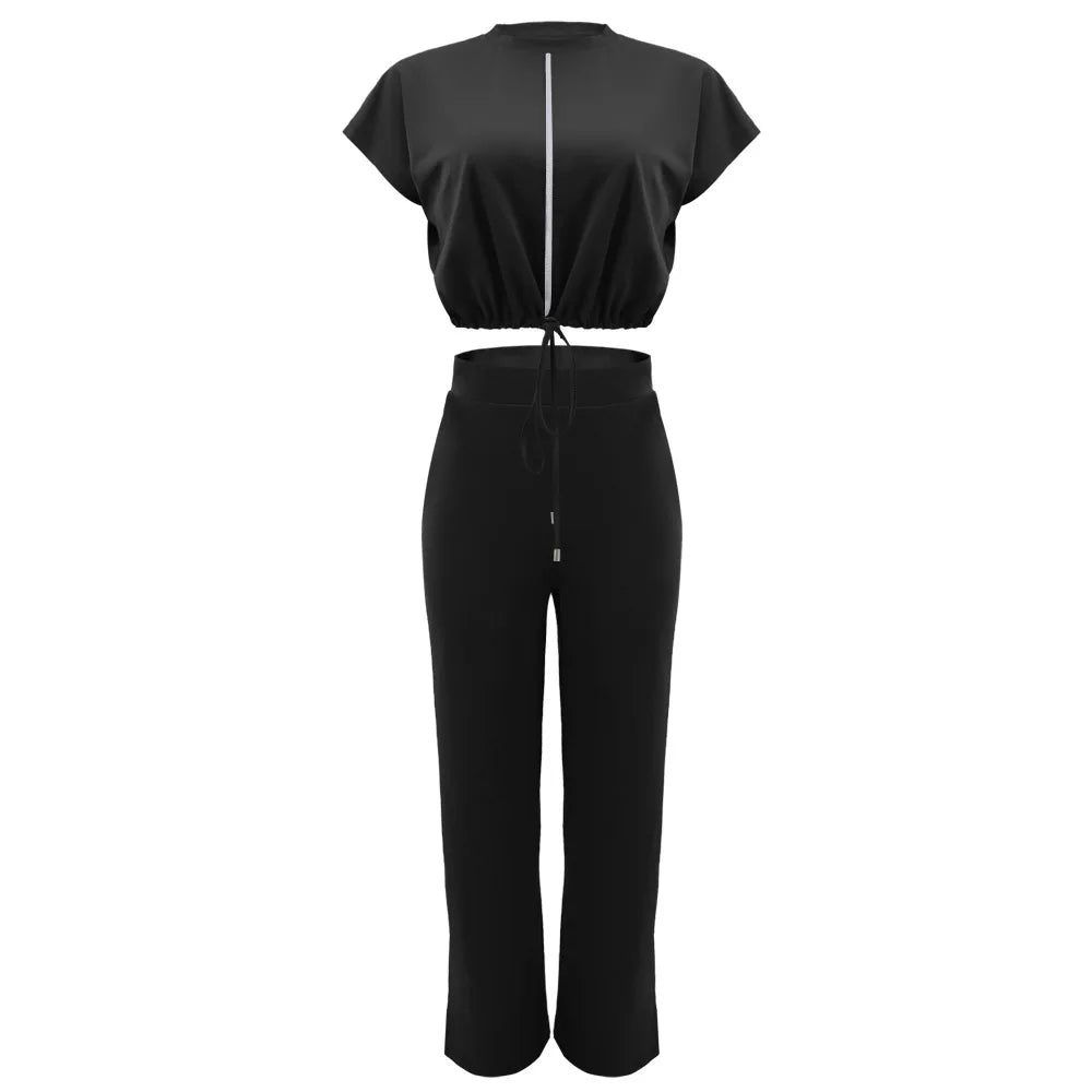 Women Short Sleeve Top & High Waist Pants Set