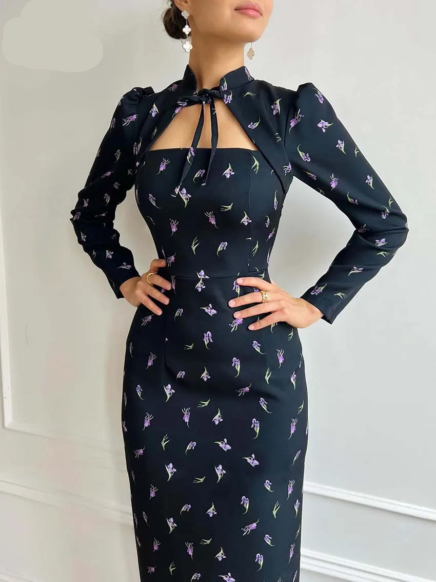 Black Print Stand Neck Long Sleeve Lace-Up Dresses Casual Straight Ankle-Length Dresses