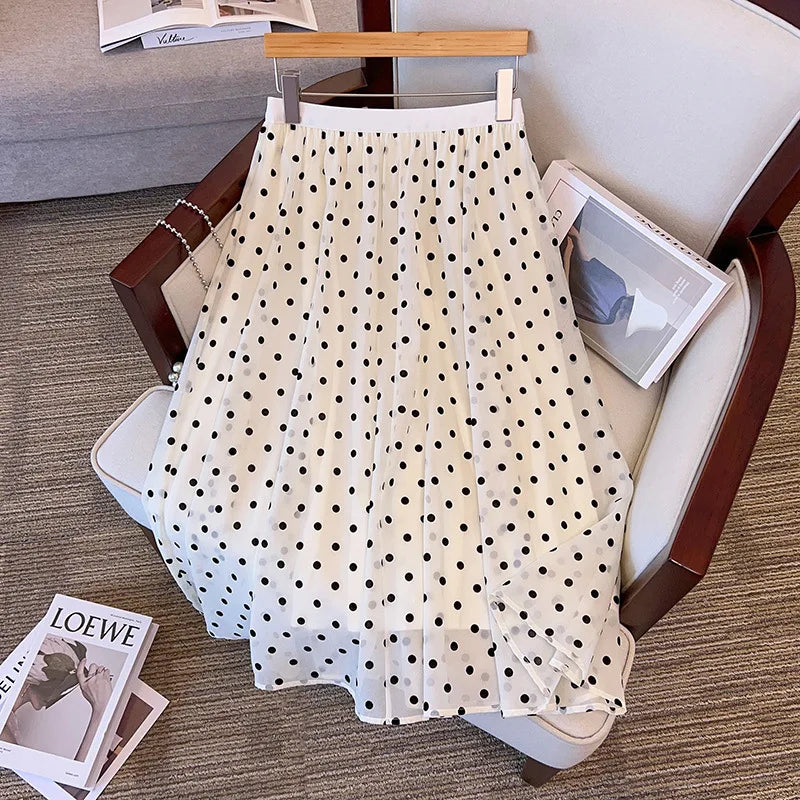 175Kg Plus Size Women Hip 175 Summer Loose A-Line Polka Dot Chiffon Skirt Black Apricot 4XL 5XL 6XL 7XL 8XL 9XL