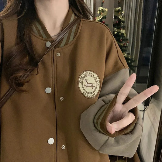 Lazy Style Baseball Jacket for Women in Autumn and Winter, Plush and Thickened Fashion Retro Loose Fitting Jacket