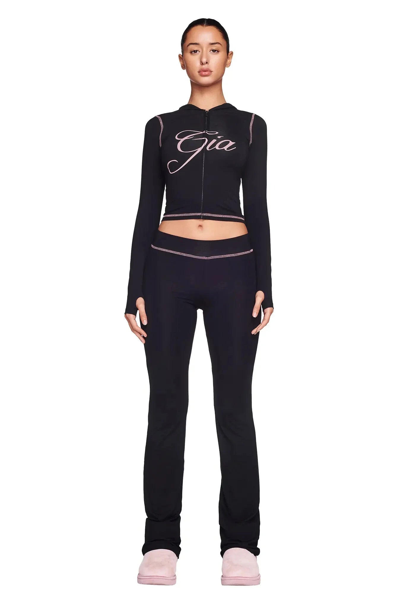 iamgia black cotton zipper hooded long sleeved high stretch top low waist micro flared pants for women 2024
