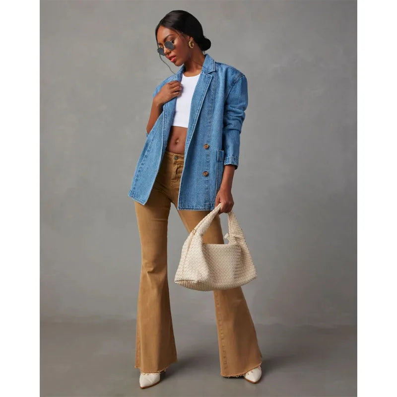 Retro Light Colored Heavy-duty Washed Denim Suit Jacket for Spring 2025, New Casual Semi Open Neck Women's Clothing