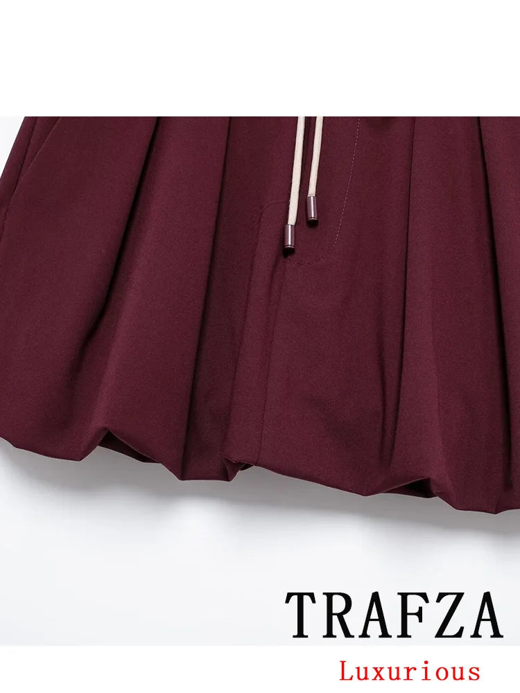 TRAFZA Vintage Casual Chic Solid Women Suit Turn-down Collar Zipper Jackets Drawstring Mini Skirt New Fashion 2024 Autumn Suit